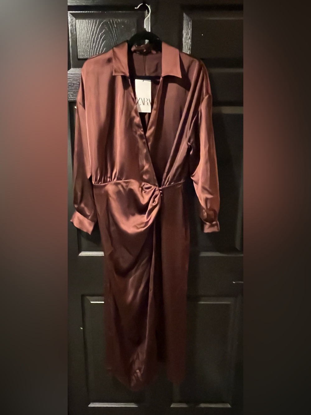 NWT Zara Satin Wrap Midi Dress in Chocolate Brown - Picture 3 of 12